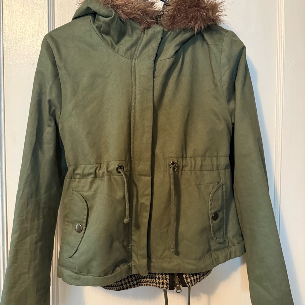 Green Hooded Jacket with Faux Fur Trim